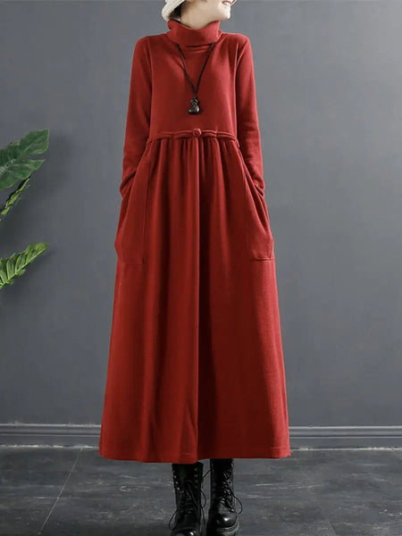 Plus Size Women Pure Color Turtleneck Draped Long Dress Ada Fashion