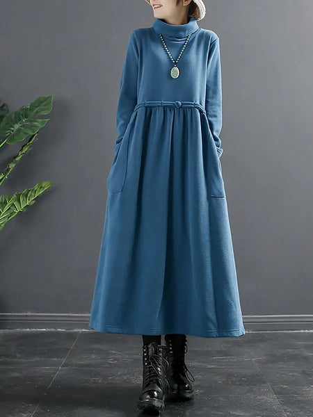Plus Size Women Pure Color Turtleneck Draped Long Dress Ada Fashion