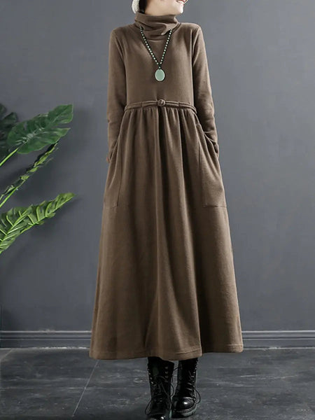 Plus Size Women Pure Color Turtleneck Draped Long Dress Ada Fashion