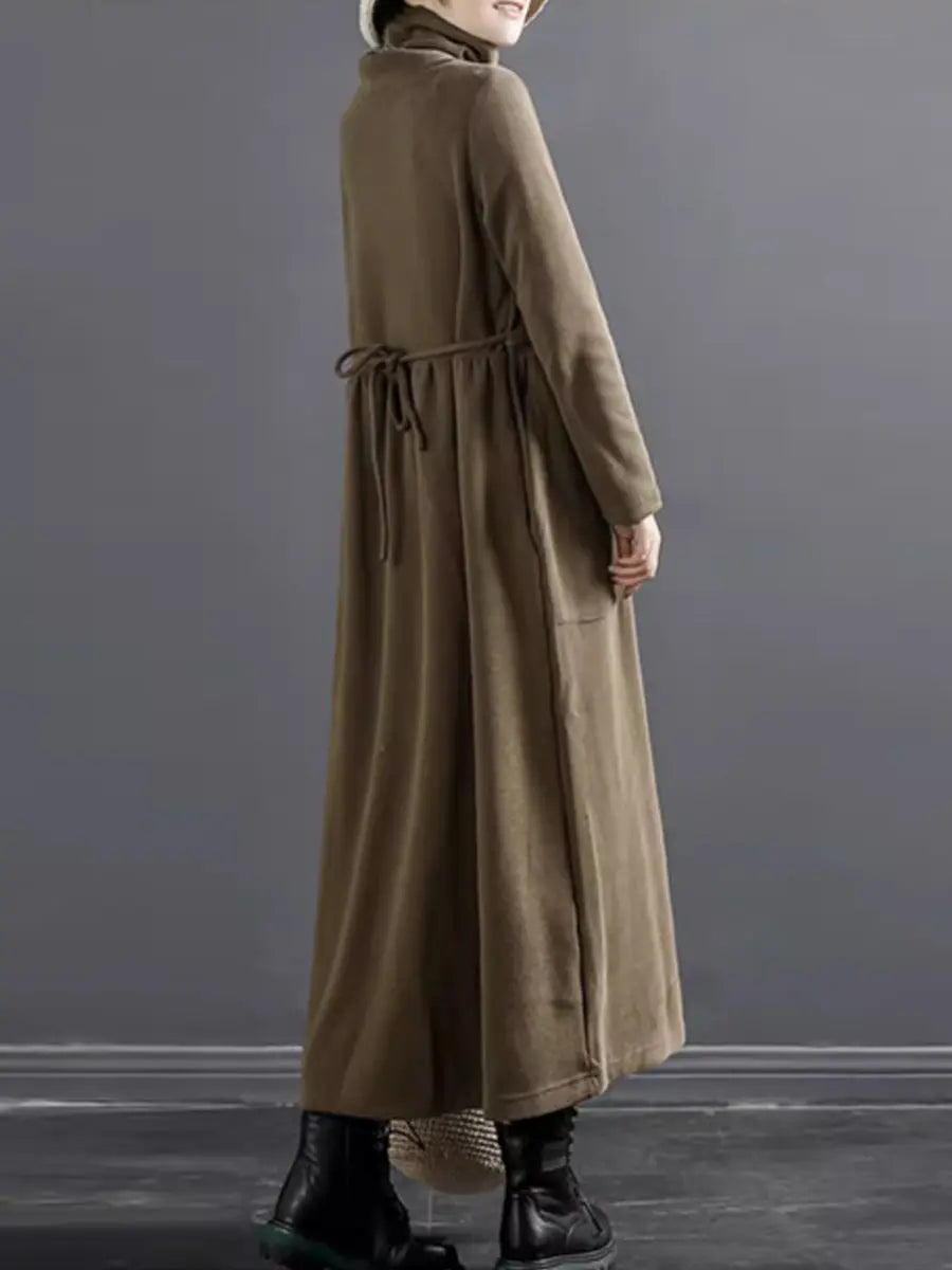 Plus Size Women Pure Color Turtleneck Draped Long Dress Ada Fashion