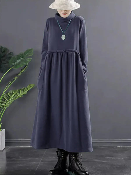 Plus Size Women Pure Color Turtleneck Draped Long Dress Ada Fashion