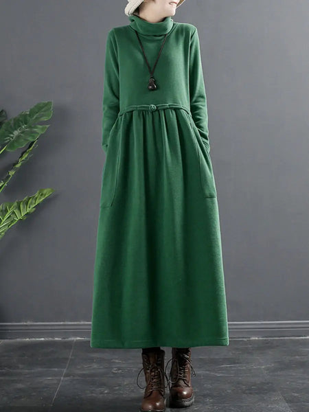 Plus Size Women Pure Color Turtleneck Draped Long Dress Ada Fashion