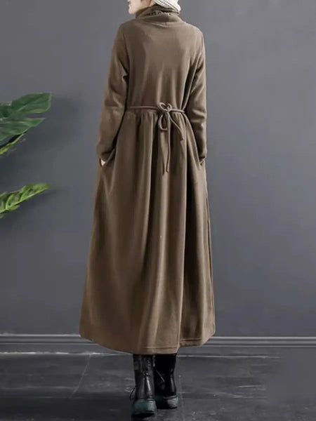 Plus Size Women Pure Color Turtleneck Draped Long Dress Ada Fashion