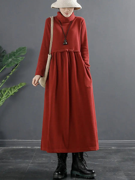 Plus Size Women Pure Color Turtleneck Draped Long Dress Ada Fashion