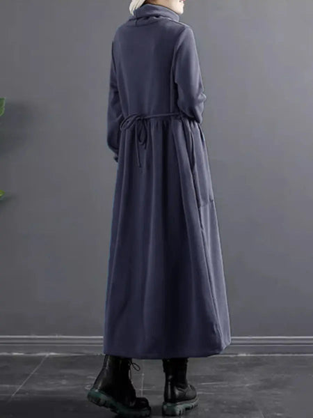Plus Size Women Pure Color Turtleneck Draped Long Dress Ada Fashion