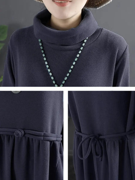 Plus Size Women Pure Color Turtleneck Draped Long Dress Ada Fashion