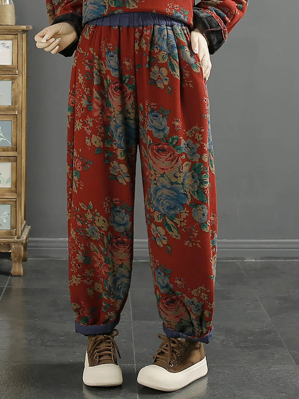 Plus Size Women Retro Floral Winter Warm Harem Pants Ada Fashion