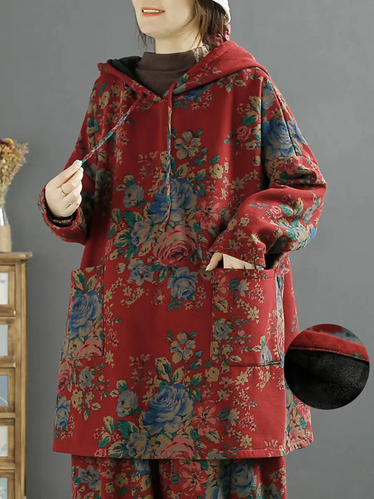 Plus Size Women Vintage Floral Autumn Warm Hooded Shirt Ada Fashion