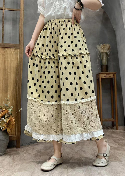 Plus Size Yellow Dot Print Ruffled Patchwork Elastic Waist Crop Wide Leg Pants VV067 HS-CPTS240627