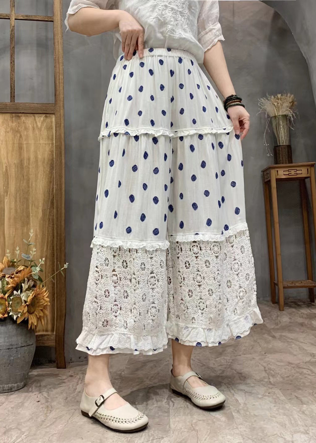 Plus Size Yellow Dot Print Ruffled Patchwork Elastic Waist Crop Wide Leg Pants VV067 HS-CPTS240627
