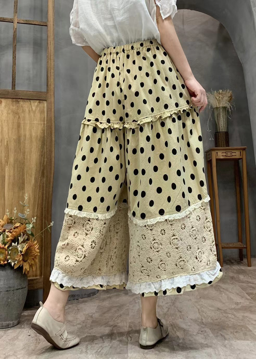Plus Size Yellow Dot Print Ruffled Patchwork Elastic Waist Crop Wide Leg Pants VV067 HS-CPTS240627