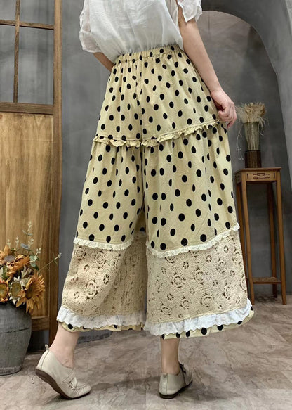 Plus Size Yellow Dot Print Ruffled Patchwork Elastic Waist Crop Wide Leg Pants VV067 HS-CPTS240627