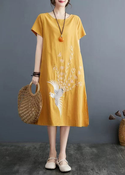 Embroidered Linen Dress Line Size A Plus Summer Yellow FashionChic