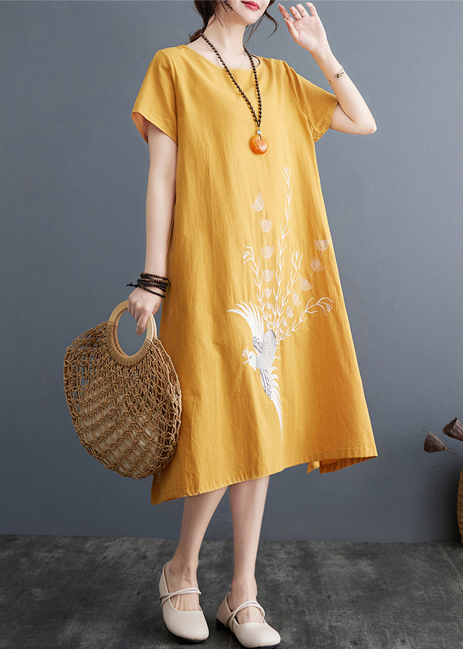 Embroidered Linen Dress Line Size A Plus Summer Yellow FashionChic