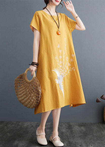 Embroidered Linen Dress Line Size A Plus Summer Yellow FashionChic