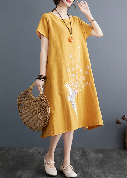 Embroidered Linen Dress Line Size A Plus Summer Yellow FashionChic