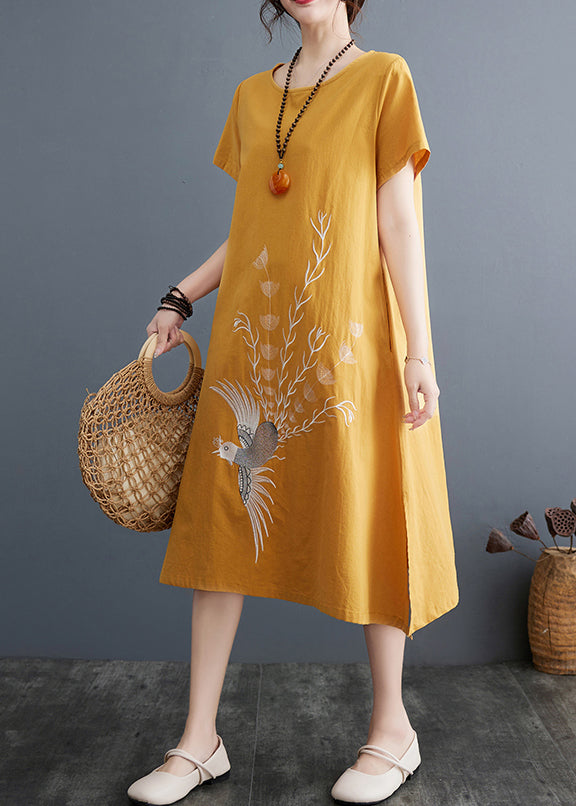 Embroidered Linen Dress Line Size A Plus Summer Yellow FashionChic