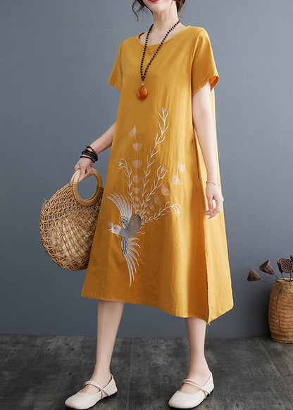 Embroidered Linen Dress Line Size A Plus Summer Yellow FashionChic