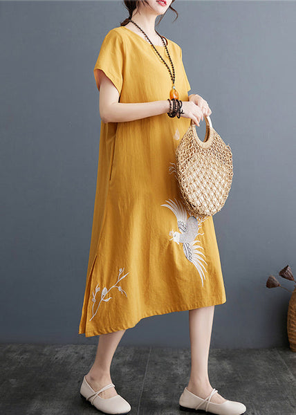 Embroidered Linen Dress Line Size A Plus Summer Yellow FashionChic