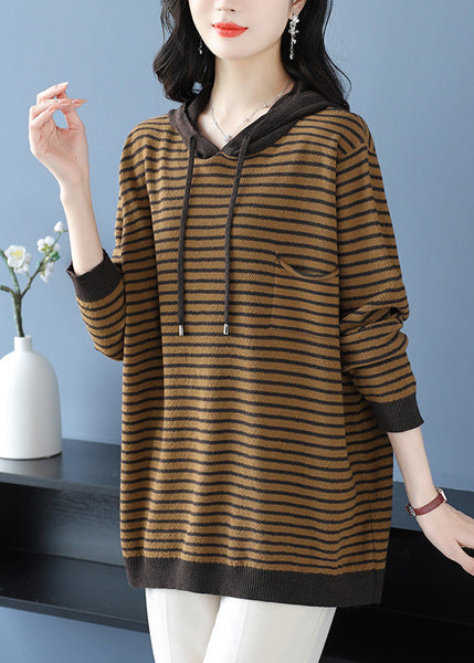 Plus Size Yellow Hooded Striped Woolen Knit Sweaters Winter RL028 ABC