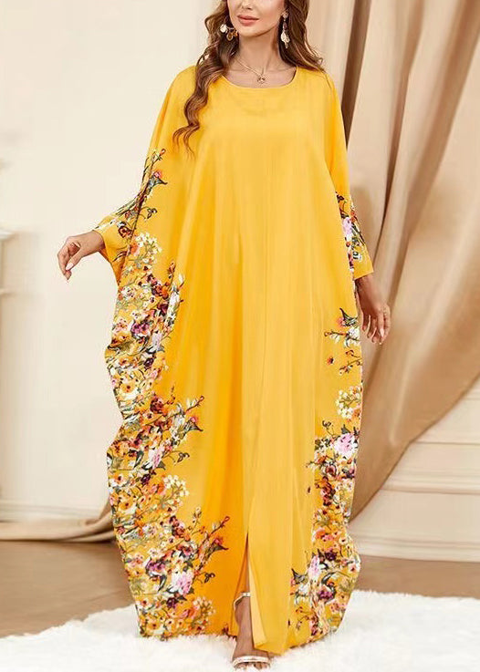 Plus Size Yellow O Neck Print Front Open Cotton Dress Spring AA1057 Ada Fashion