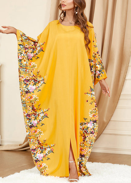 Plus Size Yellow O Neck Print Front Open Cotton Dress Spring AA1057 Ada Fashion
