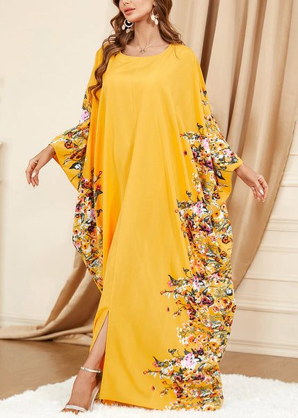Plus Size Yellow O Neck Print Front Open Cotton Dress Spring AA1057 Ada Fashion