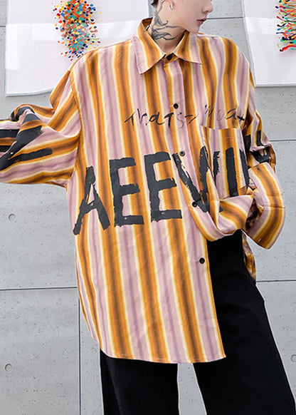 High Shirt Design Yellow Low Plus Letter Striped Men Cotton Size FashionChic