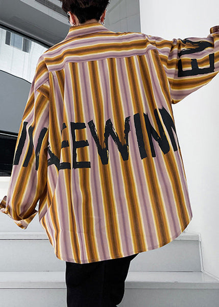 High Shirt Design Yellow Low Plus Letter Striped Men Cotton Size FashionChic