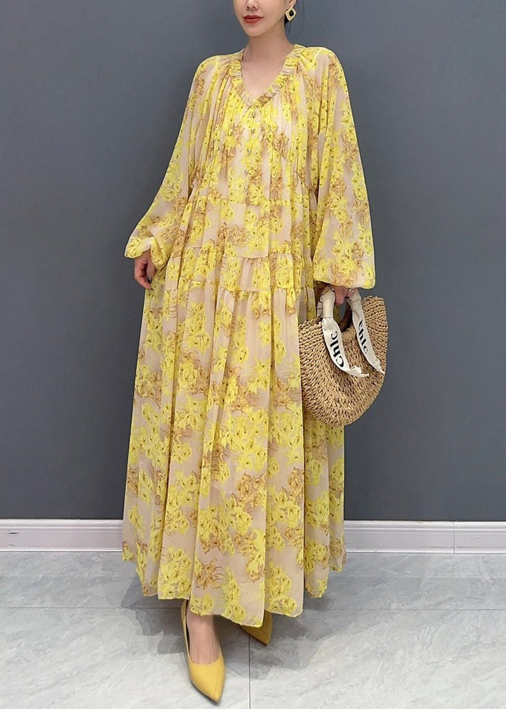 Plus Size Yellow V Neck Ruffled Print Chiffon Long Dresses Fall AY1015 JDML-240828