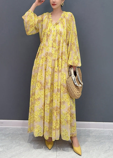 Plus Size Yellow V Neck Ruffled Print Chiffon Long Dresses Fall AY1015 JDML-240828