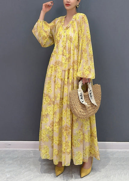 Plus Size Yellow V Neck Ruffled Print Chiffon Long Dresses Fall AY1015 JDML-240828