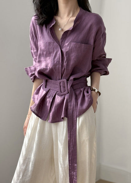Purple Top O Neck Linen Button Pockets Shirt FashionChic