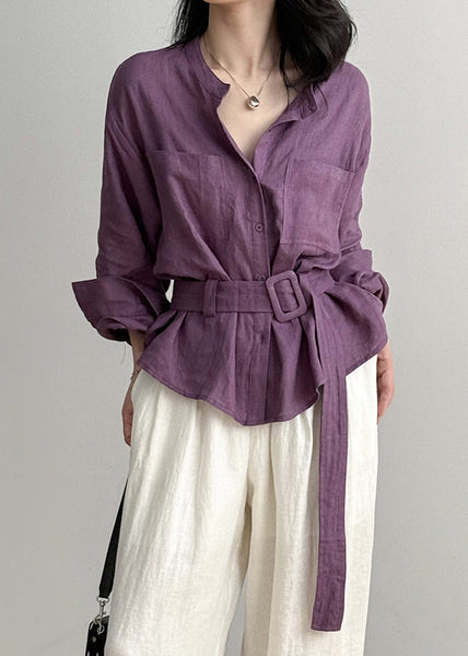 Purple Top O Neck Linen Button Pockets Shirt FashionChic