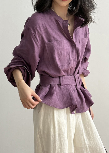 Purple Top O Neck Linen Button Pockets Shirt FashionChic