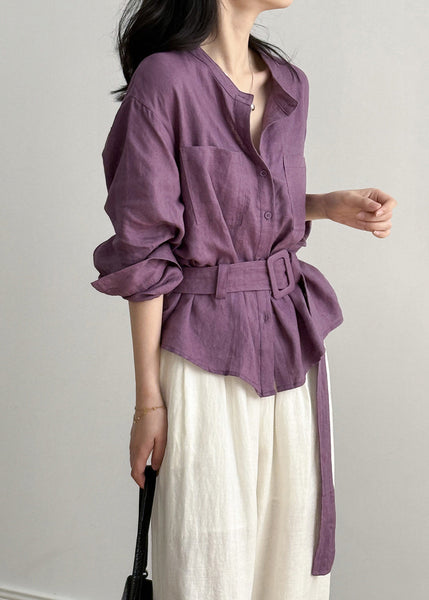 Purple Top O Neck Linen Button Pockets Shirt FashionChic