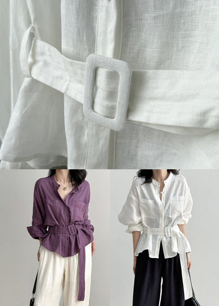 Purple Top O Neck Linen Button Pockets Shirt FashionChic