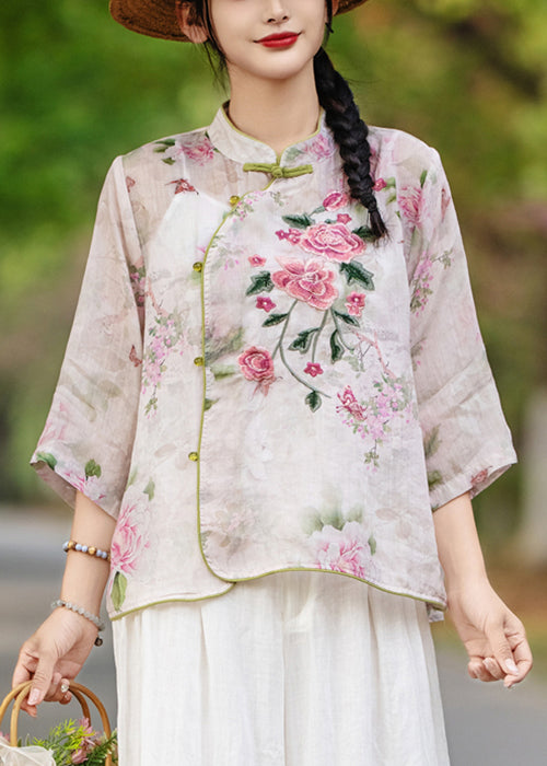 Stand Print Purple Sleeve Collar Blouses Linen Bracelet Button FashionChic