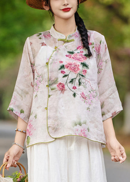 Stand Print Purple Sleeve Collar Blouses Linen Bracelet Button FashionChic