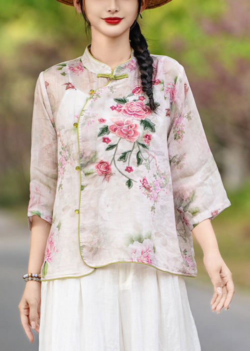 Stand Print Purple Sleeve Collar Blouses Linen Bracelet Button FashionChic