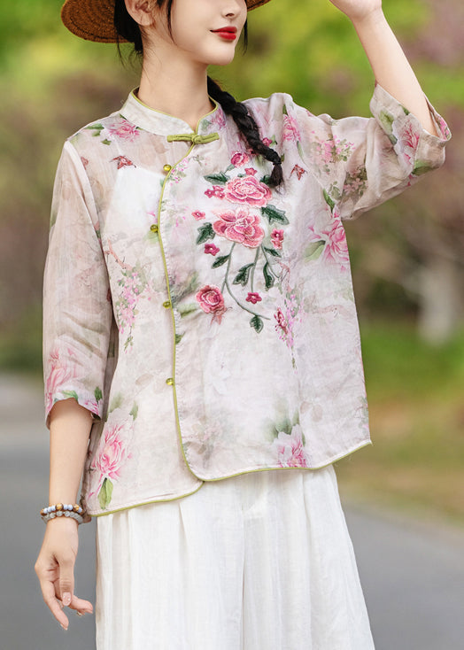 Stand Print Purple Sleeve Collar Blouses Linen Bracelet Button FashionChic