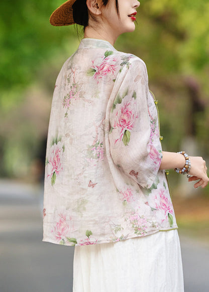 Stand Print Purple Sleeve Collar Blouses Linen Bracelet Button FashionChic