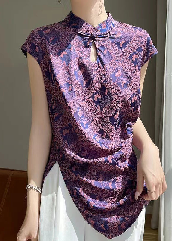 Purple Button Print Silk Blouses Stand Collar Short Sleeve AB1006 Genistyle Shop