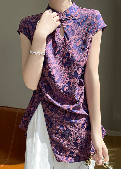 Purple Button Print Silk Blouses Stand Collar Short Sleeve AB1006 Genistyle Shop