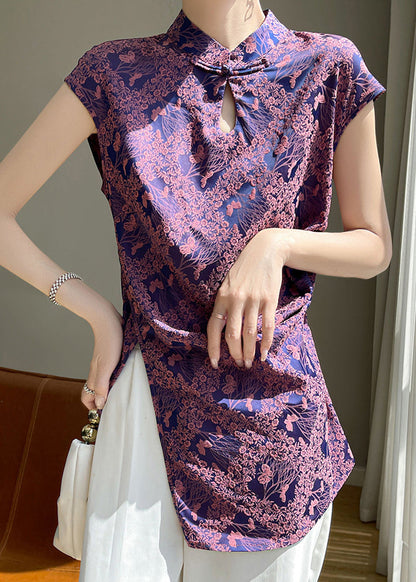 Purple Button Print Silk Blouses Stand Collar Short Sleeve AB1006 Genistyle Shop