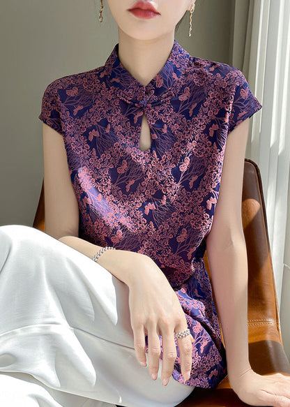 Purple Button Print Silk Blouses Stand Collar Short Sleeve AB1006 Genistyle Shop