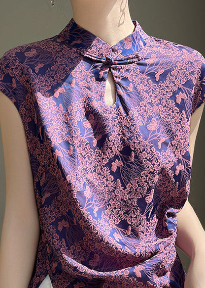 Purple Button Print Silk Blouses Stand Collar Short Sleeve AB1006 Genistyle Shop