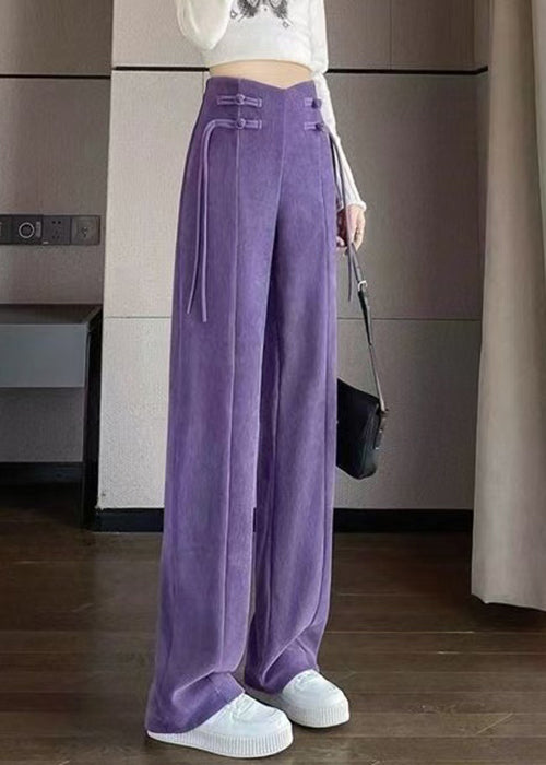 Purple Button Solid Corduroy Pants Elastic Waist Spring RZ011 ABC