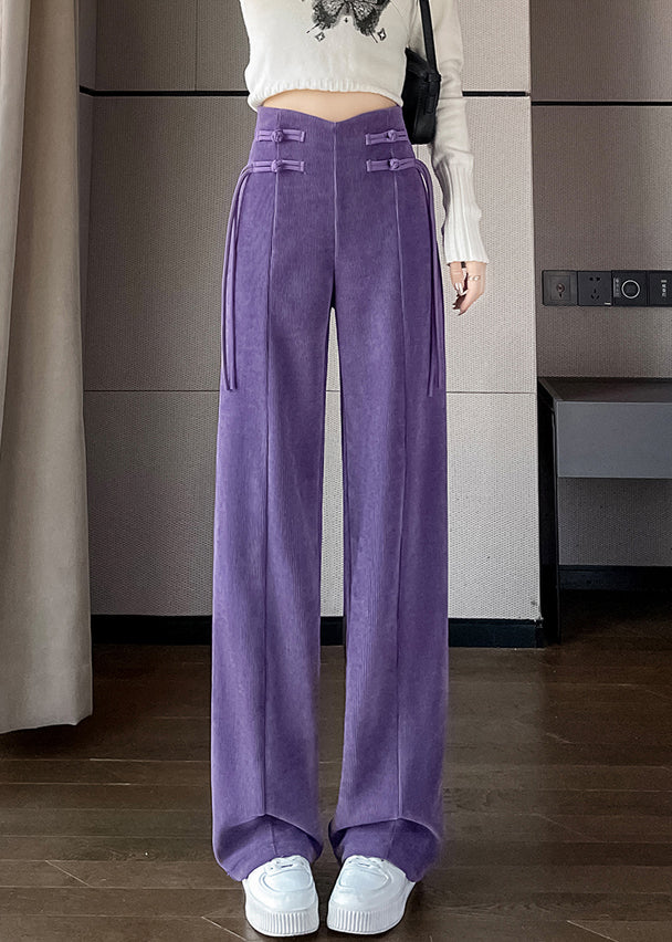 Purple Button Solid Corduroy Pants Elastic Waist Spring RZ011 ABC