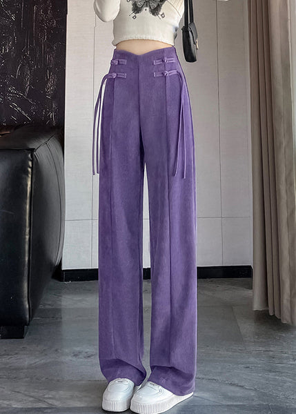 Purple Button Solid Corduroy Pants Elastic Waist Spring RZ011 ABC